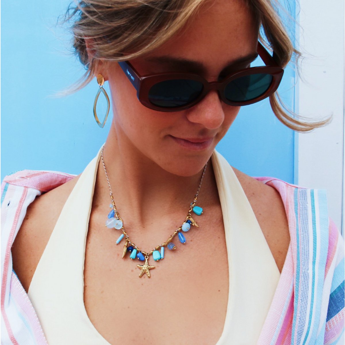 Vlechtketting met schelpenbedels en mint/blauwe stenen - Afbeelding 2