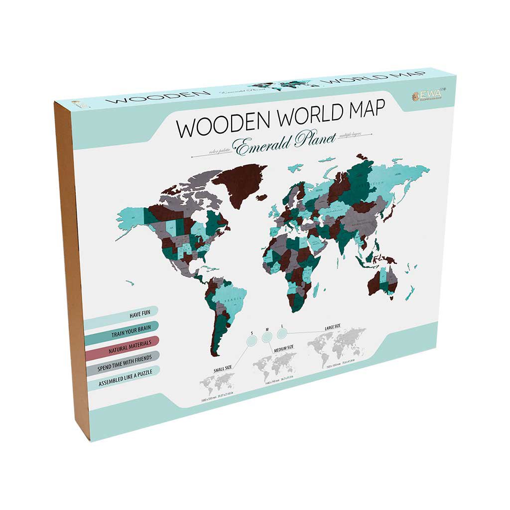 Eco Wood Art (EWA) Houten Wandpuzzel Wereldkaart Emerald Planet, Size L, 2703,192x105x1,2cm - Afbeelding 3