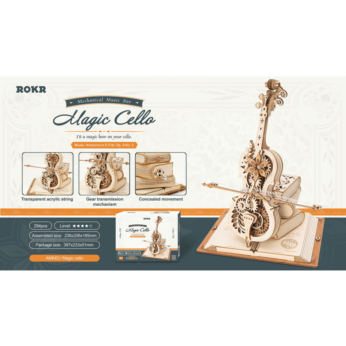 Robotime, Muziekdoos Hout DIY 3D Puzzel Magic Cello, AMK63, 23,5x20,5x18,5cm - Afbeelding 5