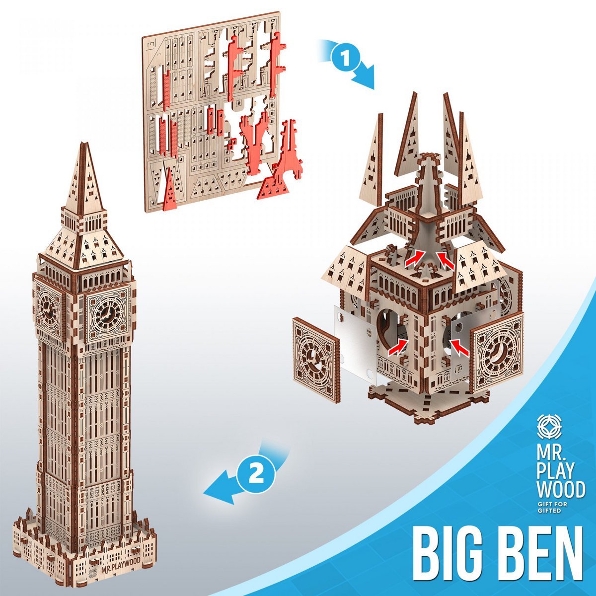 Mr. Playwood 3D Houten Puzzel, Big Ben, 10407, 9,5x9,5x36cm - Afbeelding 2