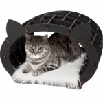 Eco Wood Art (EWA) 3D Bouwpakket Houten Huisje Zwart voor uw Kat met Wit Pluche Vachtje, 1737, 48x36,2x45,6cm