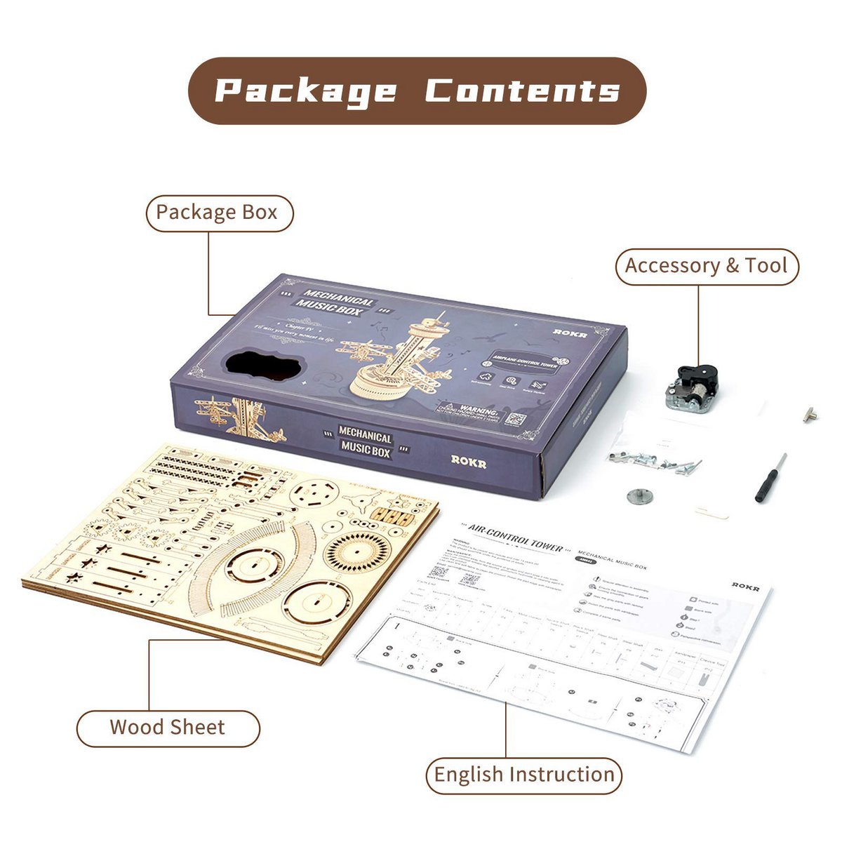 Muziekdoos Hout DIY 3D Puzzel Airplane Control Tower, Robotime, AMK41, 19,5x19,5x25,1cm - Afbeelding 5